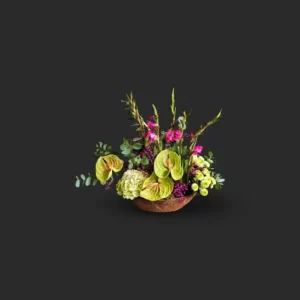 bouquet anthurium Genève avec anthuriums verts, glaïeuls roses, hydrangea blanc et gypsophile