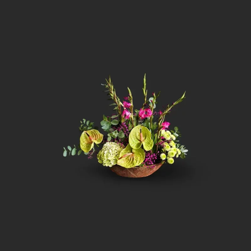 bouquet anthurium Genève avec anthuriums verts, glaïeuls roses, hydrangea blanc et gypsophile