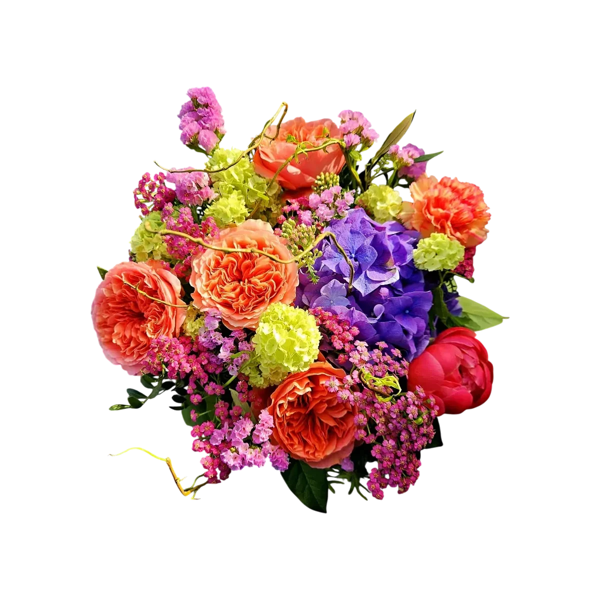 bouquet hortensias Genève : roses orangées, hortensias bleus et pivoines colorées, composition estivale
