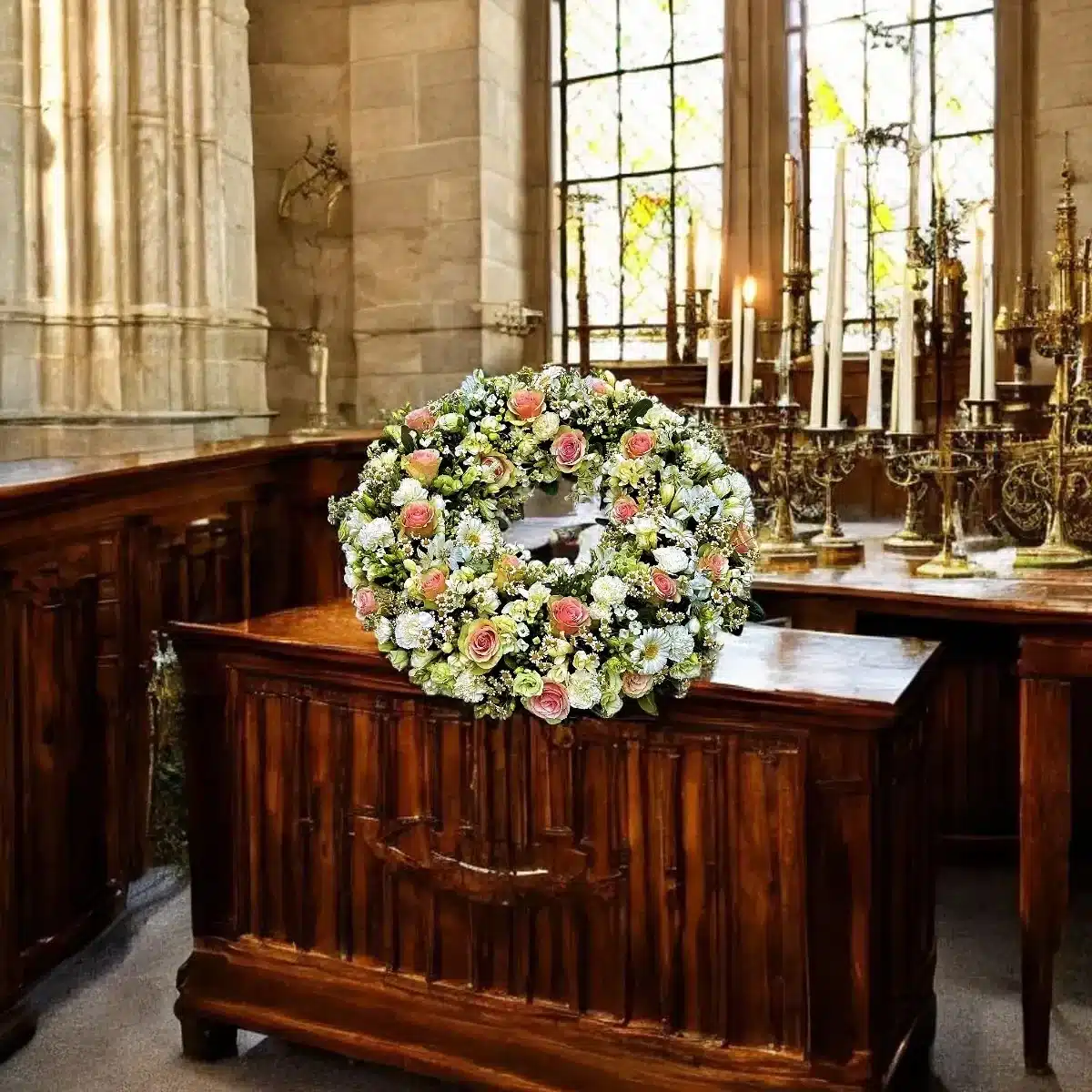 couronne de deuil Genève : roses pastel, marguerites et chrysanthèmes pour un hommage élégant