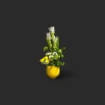 arrangement curcuma viburnum Genève dans vase jaune citron, composition estivale raffinée