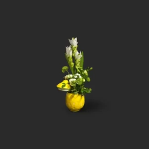 arrangement curcuma viburnum Genève dans vase jaune citron, composition estivale raffinée