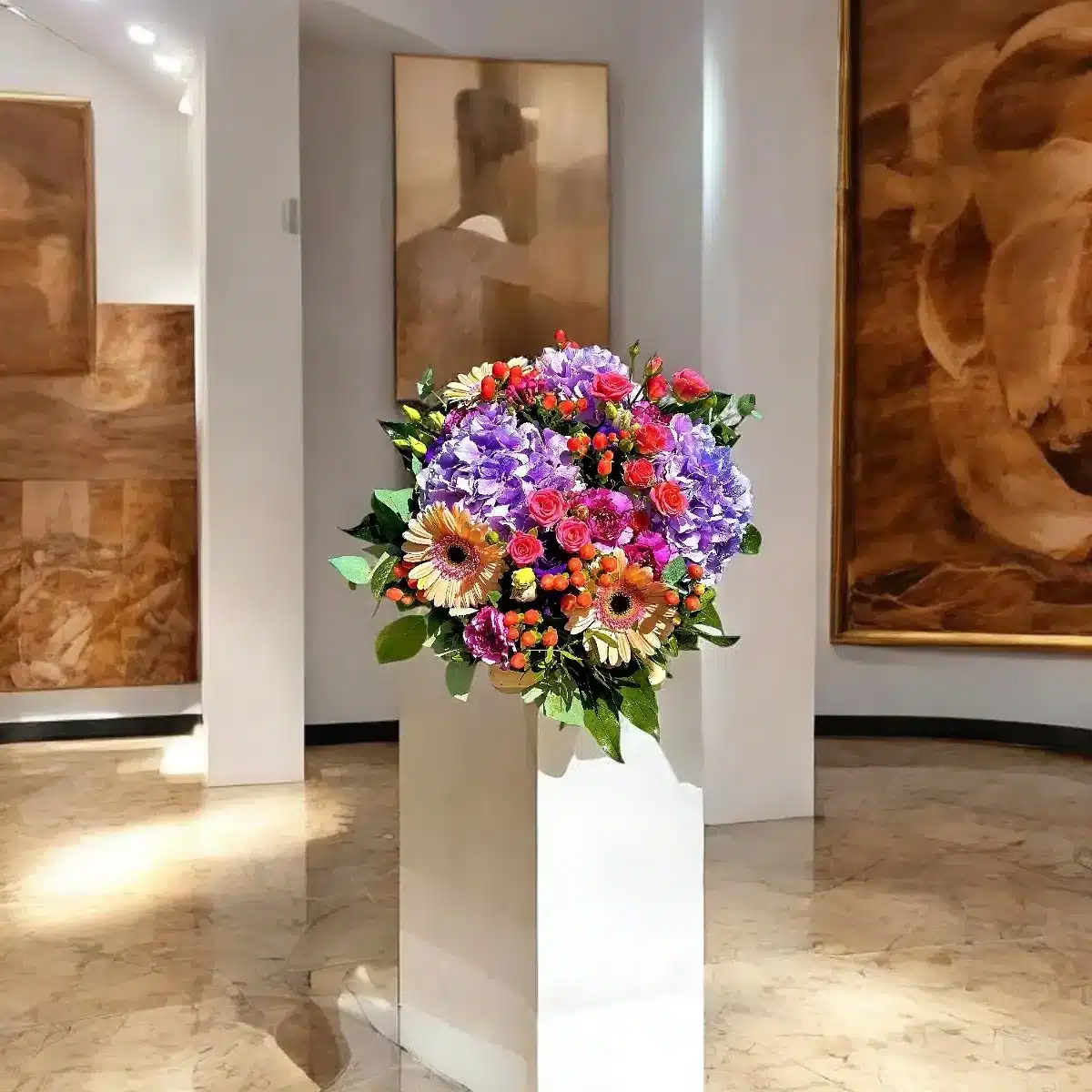 bouquet hortensias Genève avec roses et gerberas, composition colorée Chant d'Été, livraison à Genève