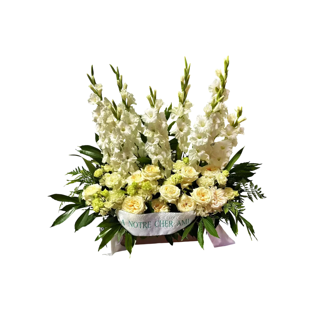 bouquet glaïeuls Genève : glaïeuls blancs et roses crème pour hommage funéraire, élégance et sérénité