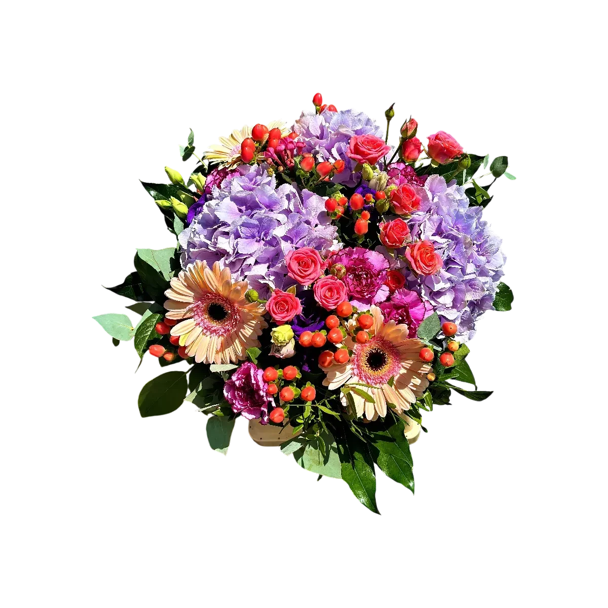 bouquet hortensias Genève avec roses et gerberas, composition colorée Chant d'Été, livraison à Genève