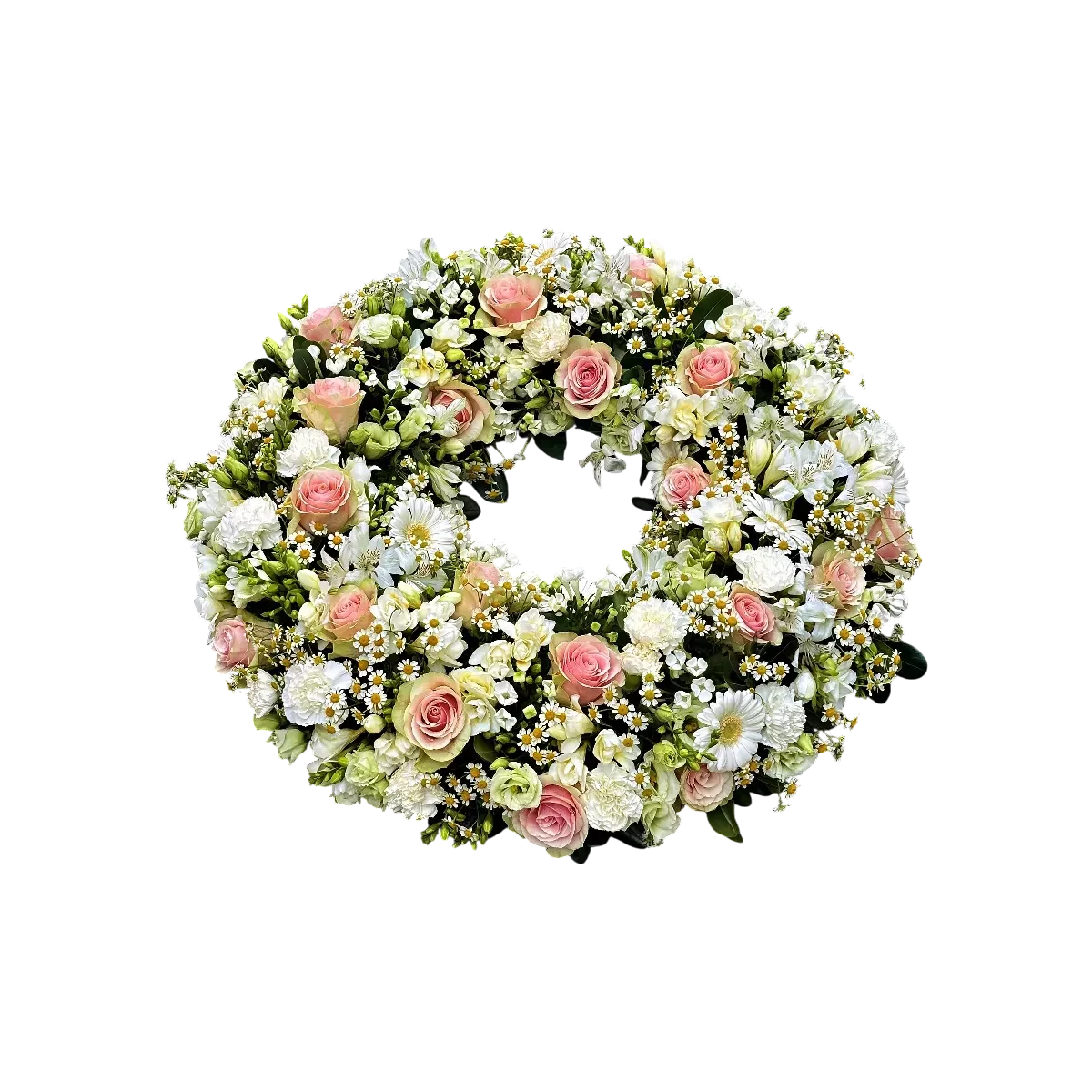 couronne de deuil Genève : roses pastel, marguerites et chrysanthèmes pour un hommage élégant