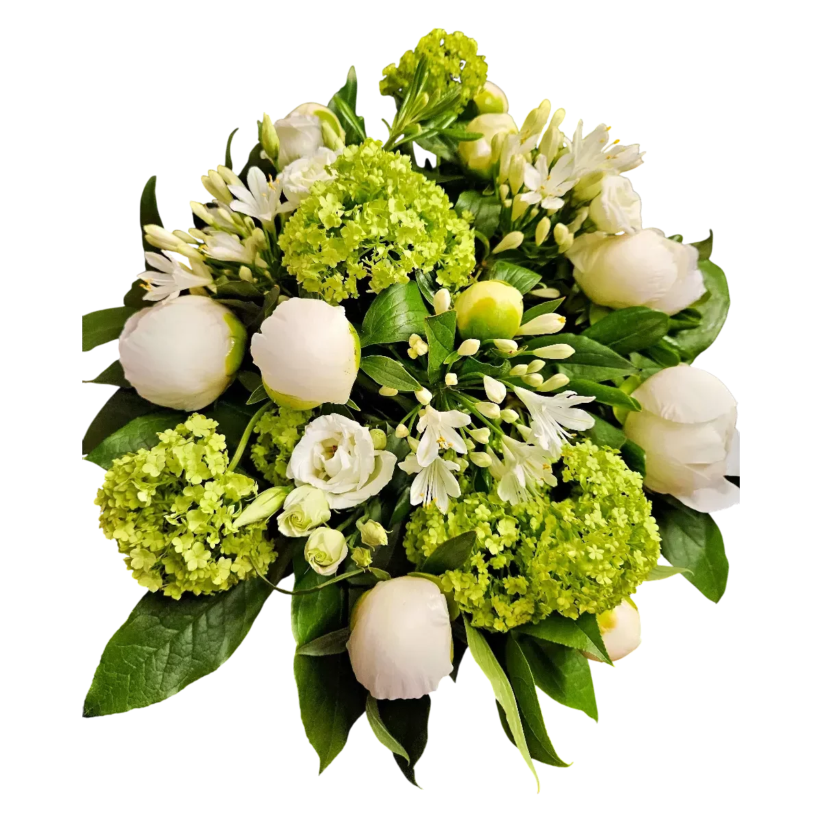 bouquet pivoine lis Genève : pivoines et lis blancs avec viburnum, composition printanière élégante