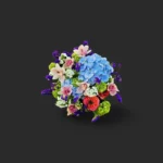 bouquet Genève avec cymbidiums roses, hortensias bleus, renoncules rouges et statice violet – Mélodie d'Équinoxe