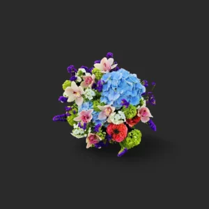 bouquet Genève avec cymbidiums roses, hortensias bleus, renoncules rouges et statice violet – Mélodie d'Équinoxe