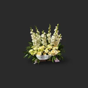 bouquet glaïeuls Genève : glaïeuls blancs et roses crème pour hommage funéraire, élégance et sérénité