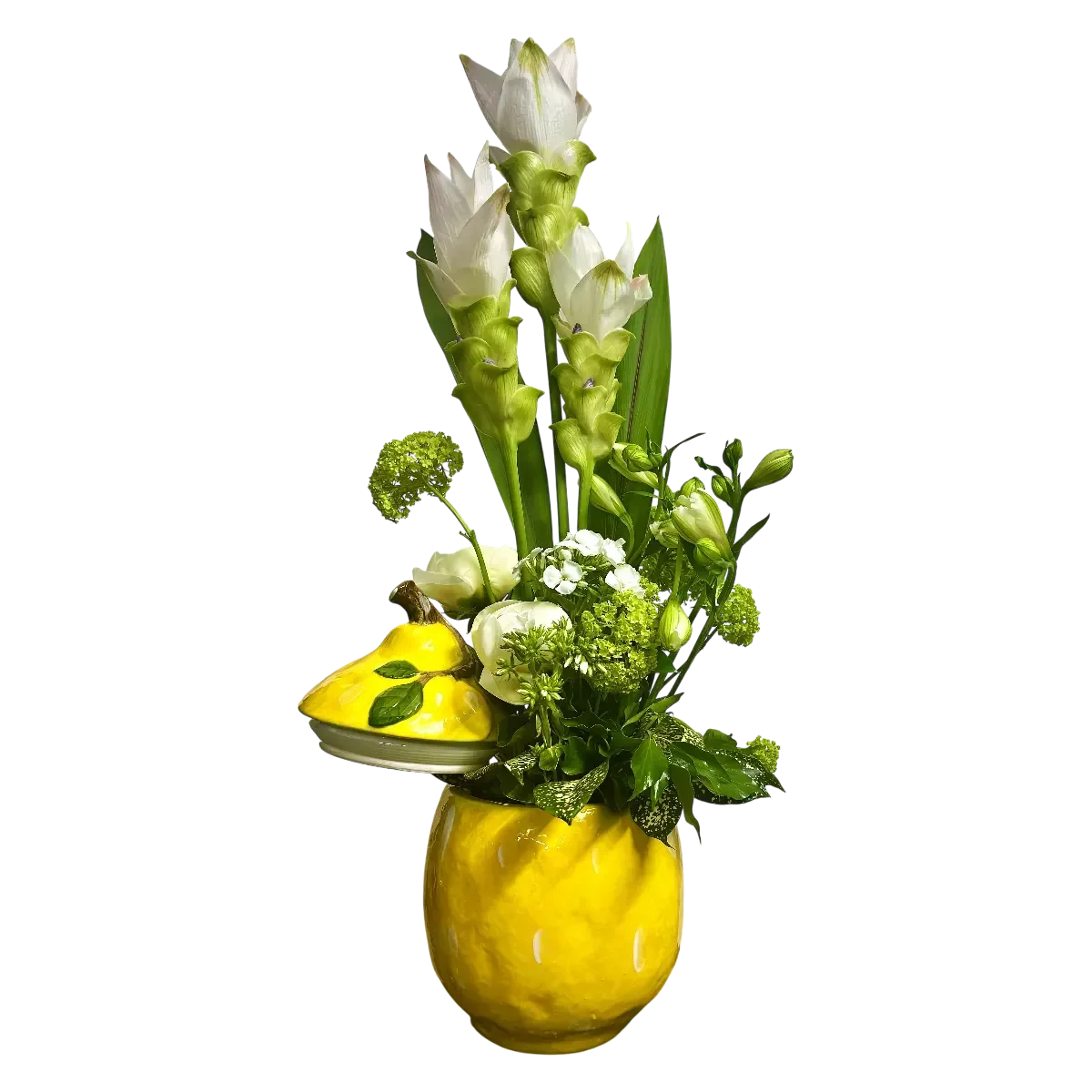 arrangement curcuma viburnum Genève dans vase jaune citron, composition estivale raffinée