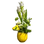 arrangement curcuma viburnum Genève dans vase jaune citron, composition estivale raffinée