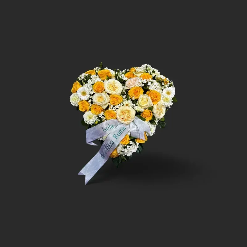 bouquet deuil Genève : cœur de roses jaunes et blanches, chrysanthèmes et gerberas avec ruban argenté