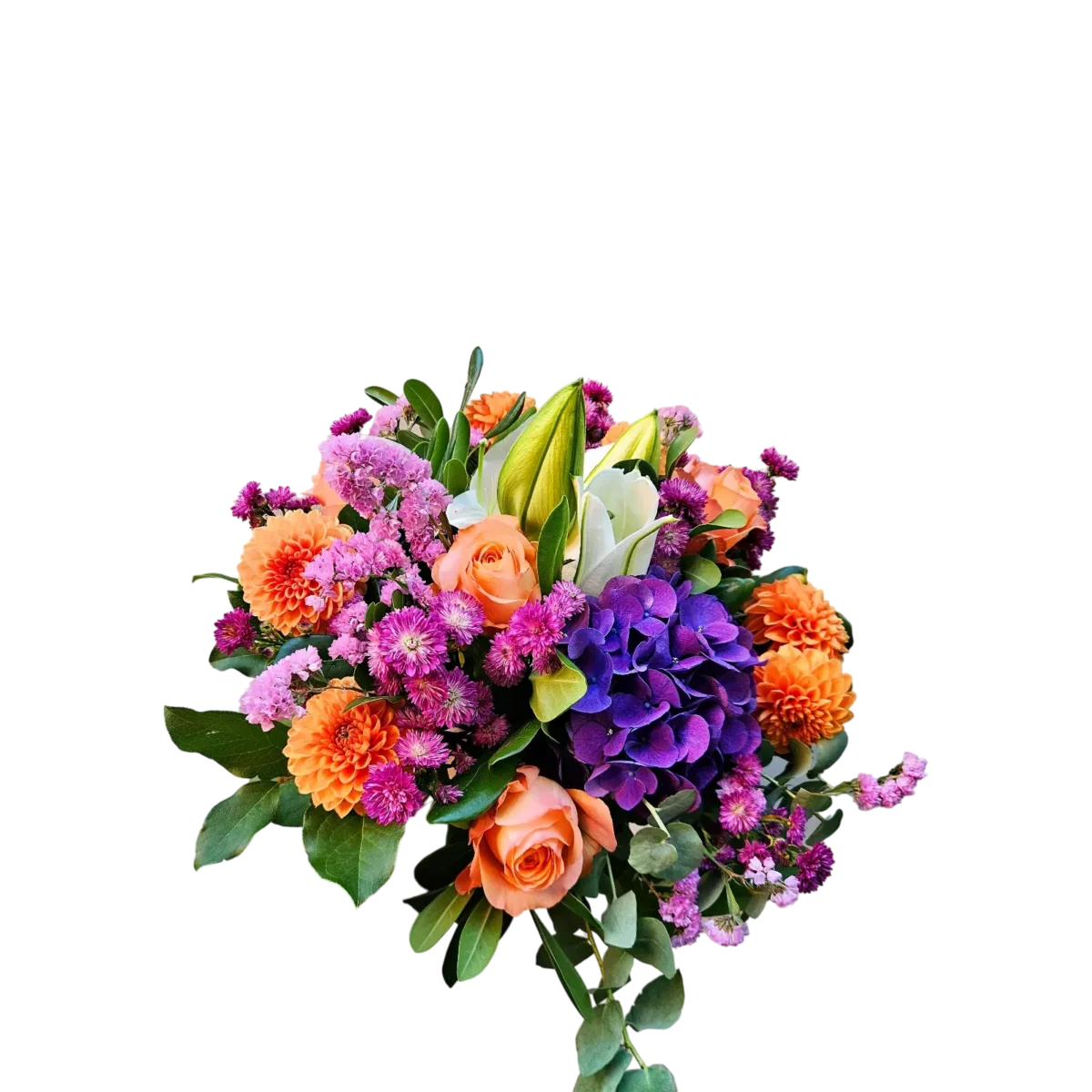 bouquet coloré Genève : dahlias orangés, roses pêche, lys blancs et hortensia violet en composition élégante