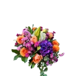 bouquet coloré Genève : dahlias orangés, roses pêche, lys blancs et hortensia violet en composition élégante