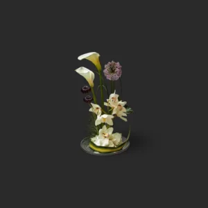 arrangement blanc Genève Porcelaine Zénithale avec callas, cymbidiums et hortensias sur base argentée