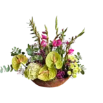 bouquet anthurium Genève avec anthuriums verts, glaïeuls roses, hydrangea blanc et gypsophile