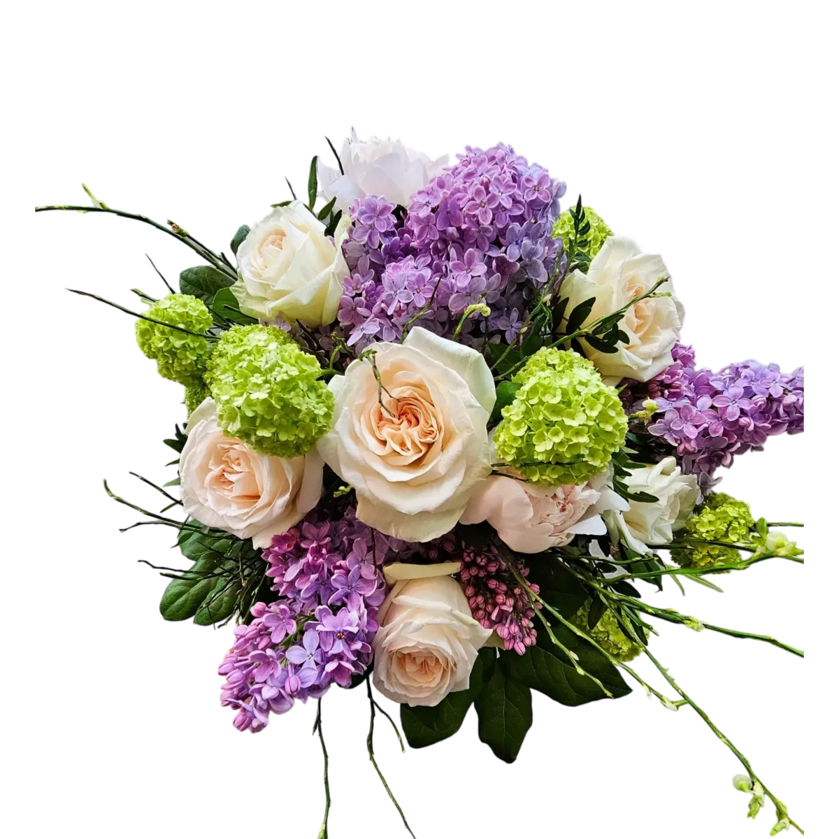 bouquet pastel geneve – roses crème, lilas mauve et hortensias verts, élégance printanière