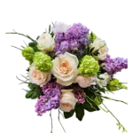 bouquet pastel geneve – roses crème, lilas mauve et hortensias verts, élégance printanière