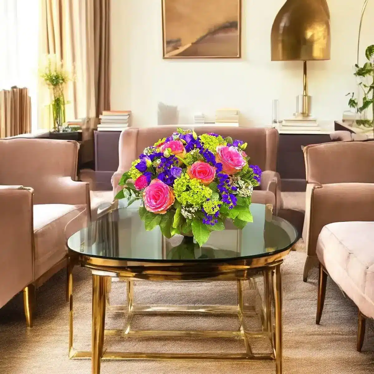 bouquet Genève : roses, lisianthus, hortensia et limonium, composition printanière colorée et élégante
