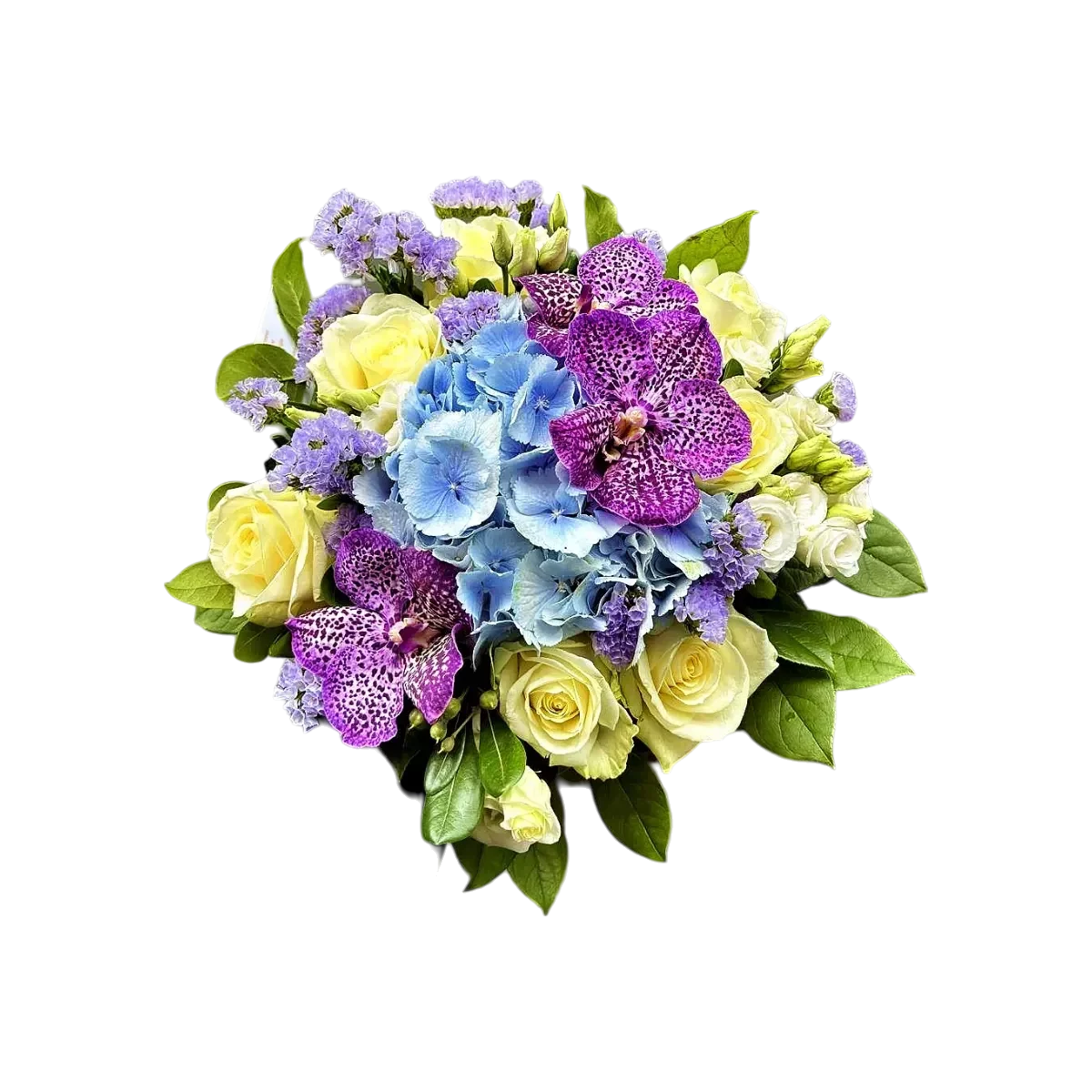 bouquet orchidée Genève — orchidées mauves, hortensias bleus et roses crème, composition pastel élégante