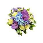 bouquet orchidée Genève — orchidées mauves, hortensias bleus et roses crème, composition pastel élégante