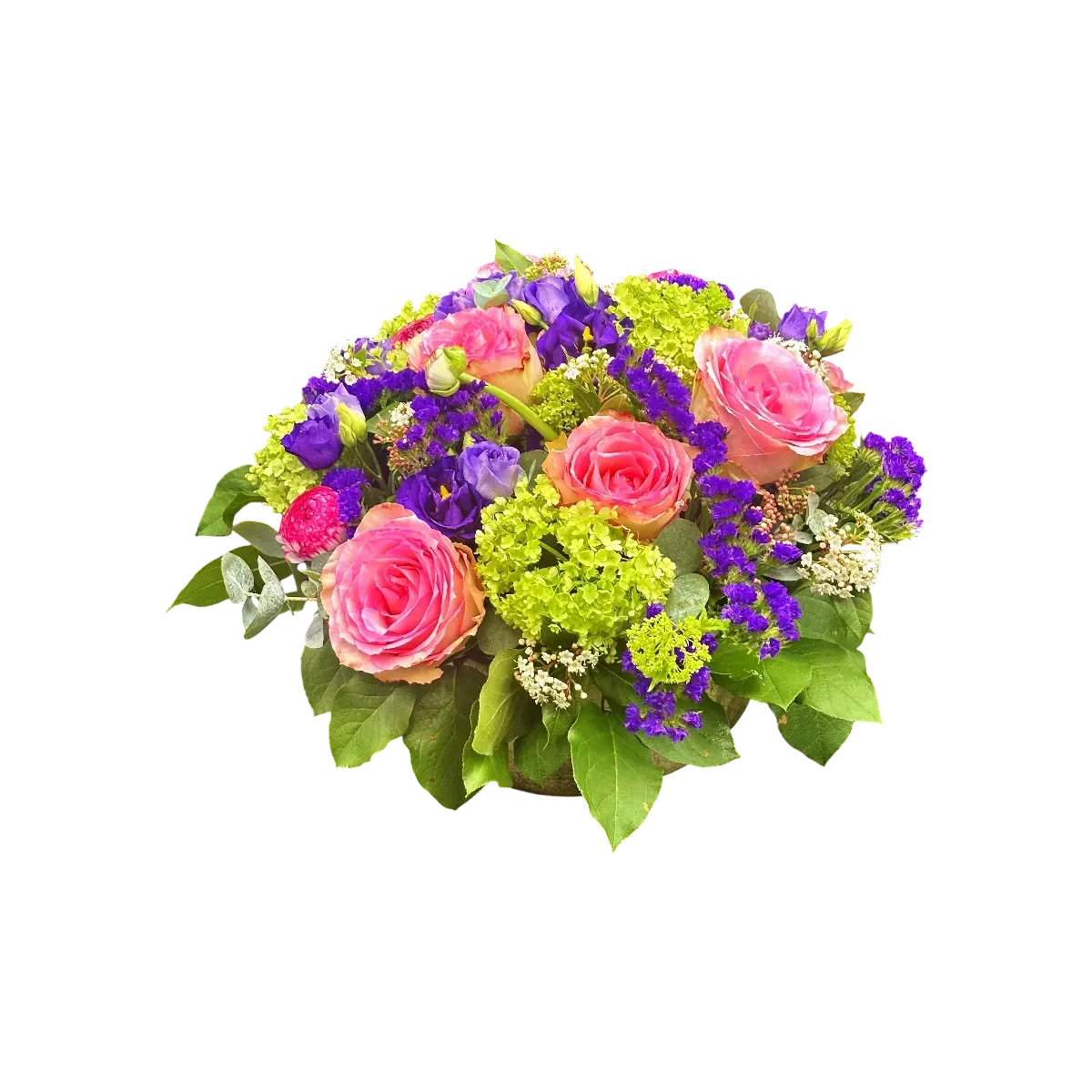 bouquet Genève : roses, lisianthus, hortensia et limonium, composition printanière colorée et élégante