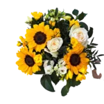 bouquet tournesols avec roses blanches et freesias - Radiance Champêtre, livraison à Genève