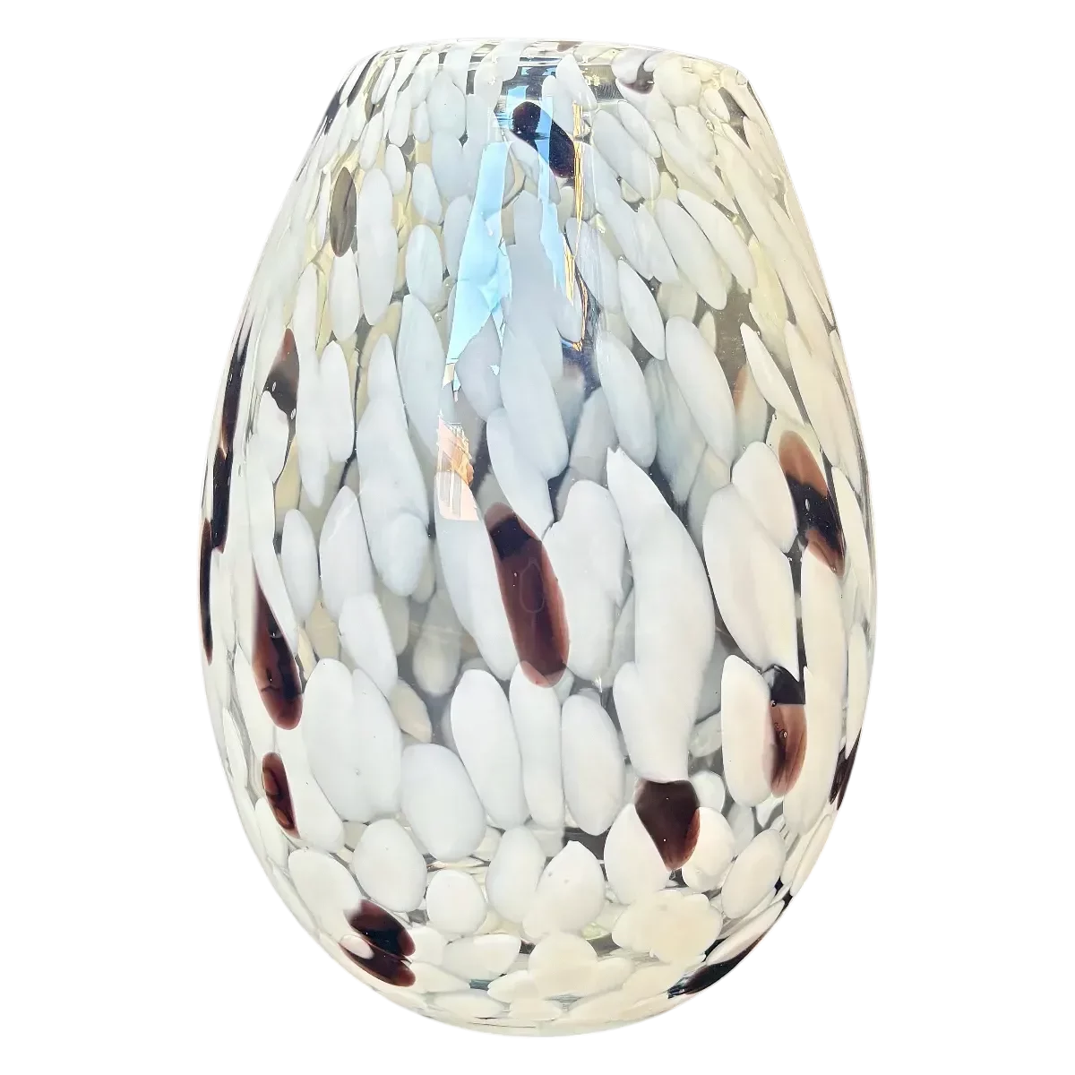 vase galets nocturnes Genève en verre moucheté blanc et brun, silhouette ovoïde, texture nacrée