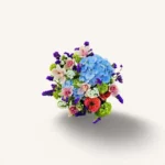 bouquet Genève avec cymbidiums roses, hortensias bleus, renoncules rouges et statice violet – Mélodie d'Équinoxe