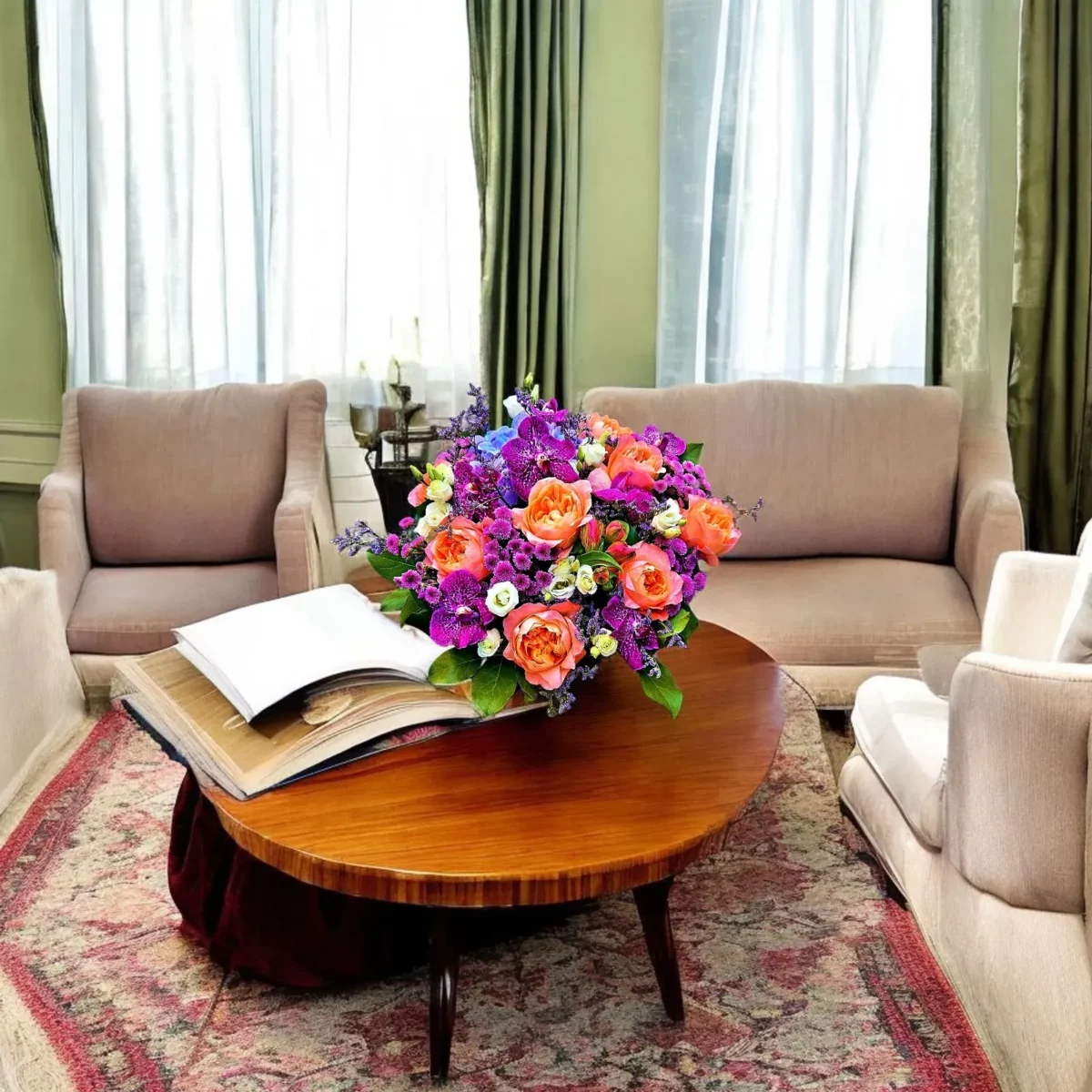 bouquet roses abricot Genève Éveil Prisme, orchidées fuchsia et lisianthus blancs, arrangement printanier luxueux