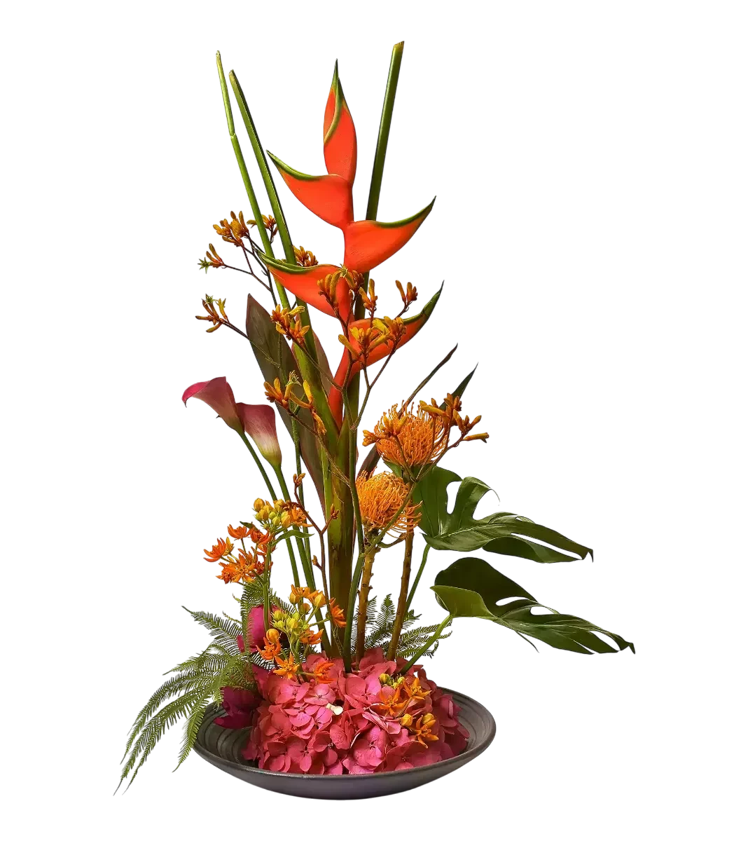 bouquet tropical Genève : héliconias corail, protéas et hortensia dans un arrangement contemporain