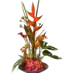 bouquet tropical Genève : héliconias corail, protéas et hortensia dans un arrangement contemporain