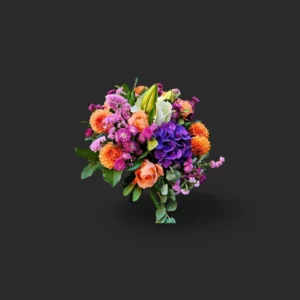 bouquet coloré Genève : dahlias orangés, roses pêche, lys blancs et hortensia violet en composition élégante