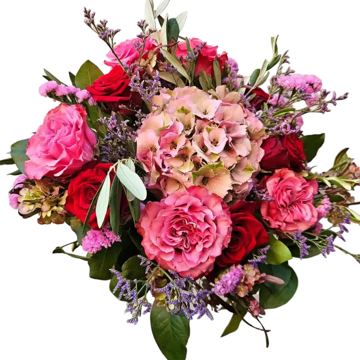 bouquet roses Genève Légende d'Aurore avec hortensia et limonium, composition romantique et colorée