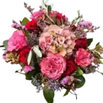 bouquet roses Genève Légende d'Aurore avec hortensia et limonium, composition romantique et colorée