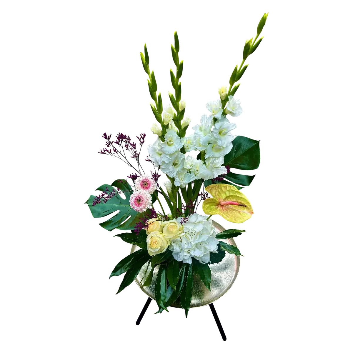 bouquet glaïeuls Genève avec roses blanches, gerberas roses, anthurium crème et hortensias, élégance estivale