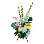 bouquet glaïeuls Genève avec roses blanches, gerberas roses, anthurium crème et hortensias, élégance estivale