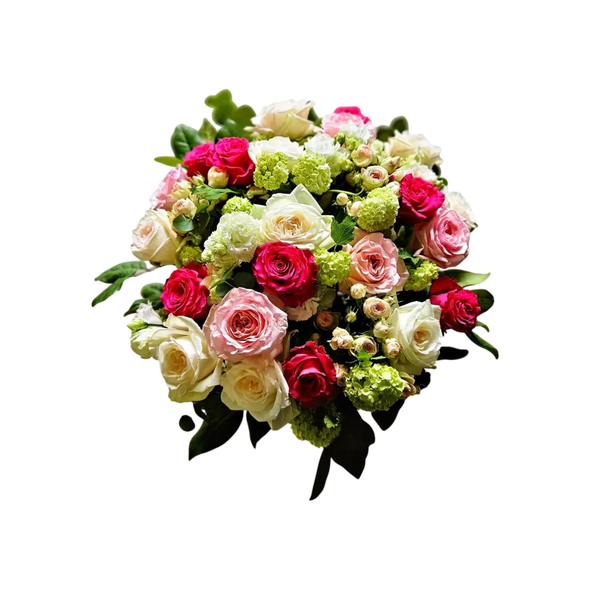bouquet roses Genève : roses rouges, roses et blanches avec feuillage vert, composition élégante et romantique