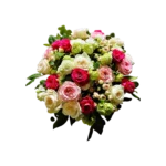 bouquet roses Genève : roses rouges, roses et blanches avec feuillage vert, composition élégante et romantique