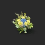 hortensias dahlia Genève, bouquet pastel hortensias bleus et dahlias crème, eucalyptus