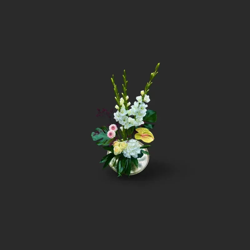 bouquet glaïeuls Genève avec roses blanches, gerberas roses, anthurium crème et hortensias, élégance estivale