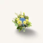 hortensias dahlia Genève, bouquet pastel hortensias bleus et dahlias crème, eucalyptus
