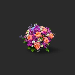 bouquet roses abricot Genève Éveil Prisme, orchidées fuchsia et lisianthus blancs, arrangement printanier luxueux