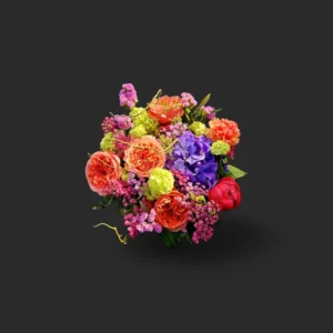 bouquet hortensias Genève : roses orangées, hortensias bleus et pivoines colorées, composition estivale