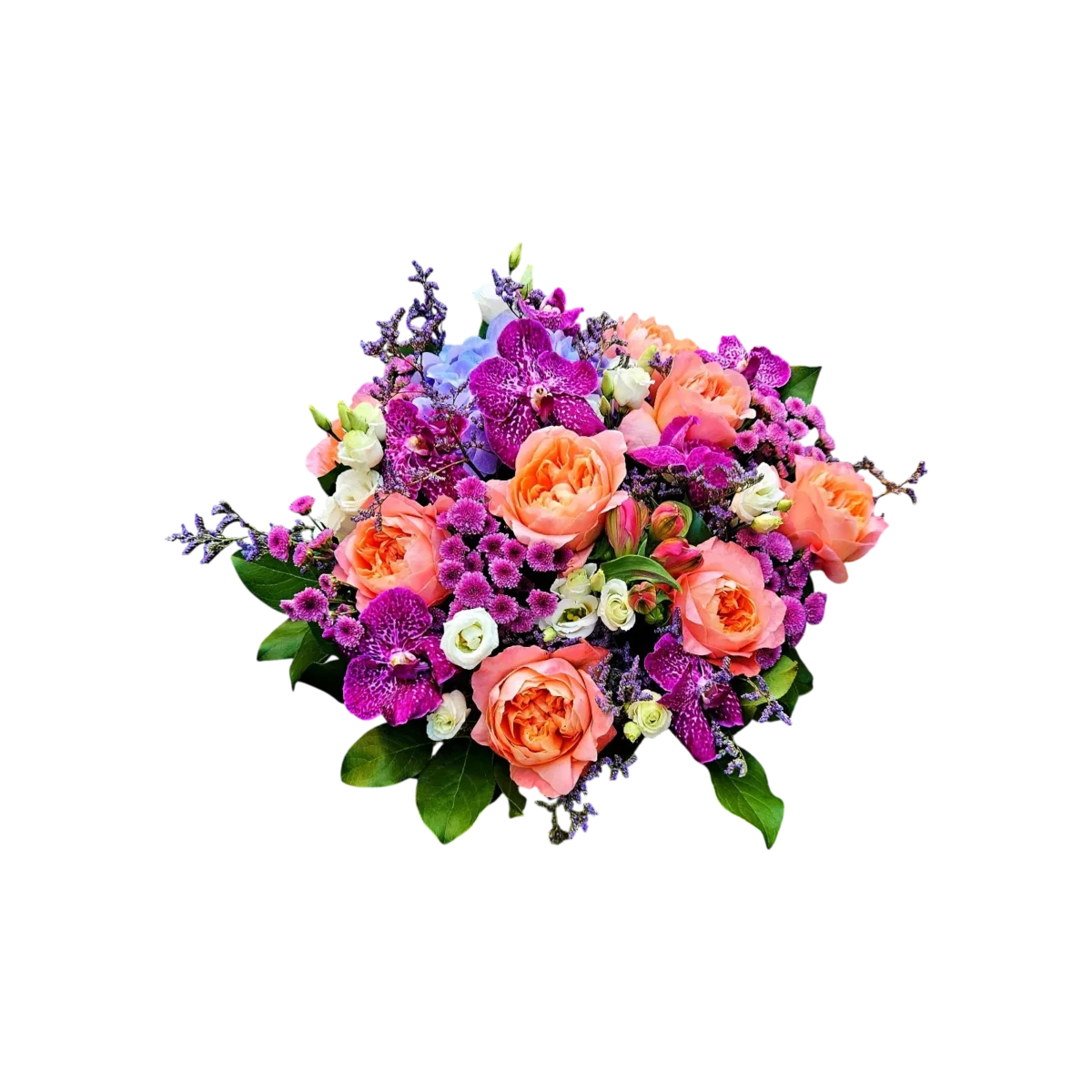 bouquet roses abricot Genève Éveil Prisme, orchidées fuchsia et lisianthus blancs, arrangement printanier luxueux