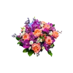 bouquet roses abricot Genève Éveil Prisme, orchidées fuchsia et lisianthus blancs, arrangement printanier luxueux