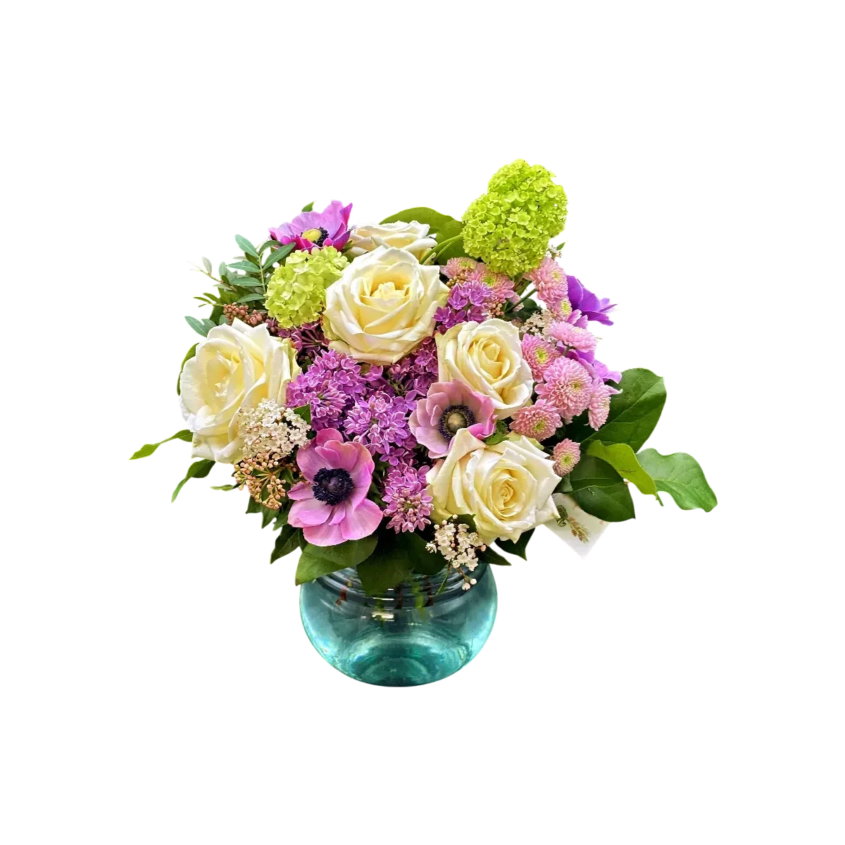 bouquet roses anémones : roses blanches et anémones lilas, hortensias verts et gypsophile — Rêverie de Lila, livraison Genève