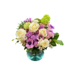 bouquet roses anémones : roses blanches et anémones lilas, hortensias verts et gypsophile — Rêverie de Lila, livraison Genève