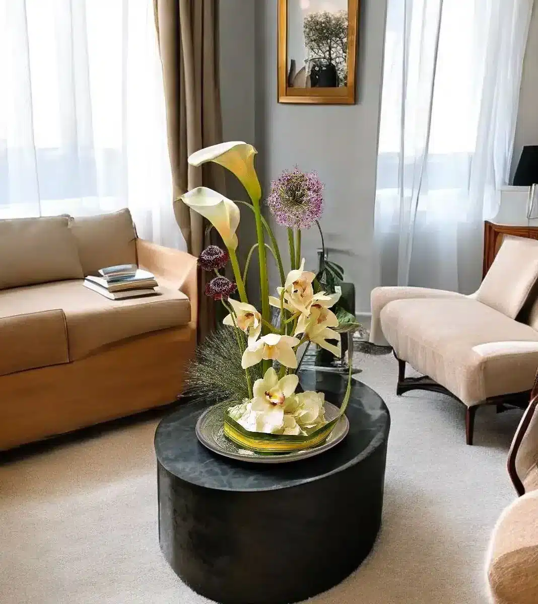 arrangement blanc Genève Porcelaine Zénithale avec callas, cymbidiums et hortensias sur base argentée